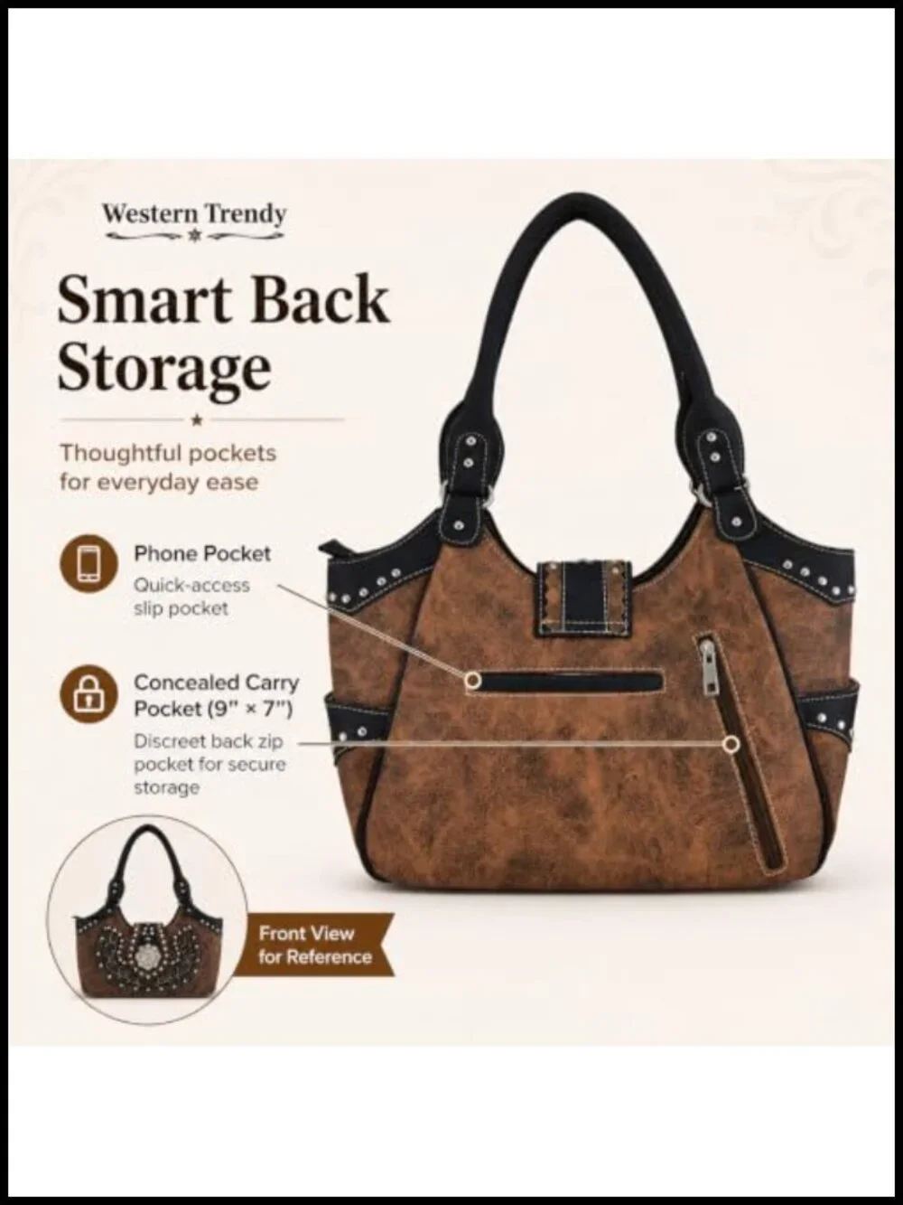 Studded Faux Leather Western Satchel Purse with Matching Wallet, Rhinestone